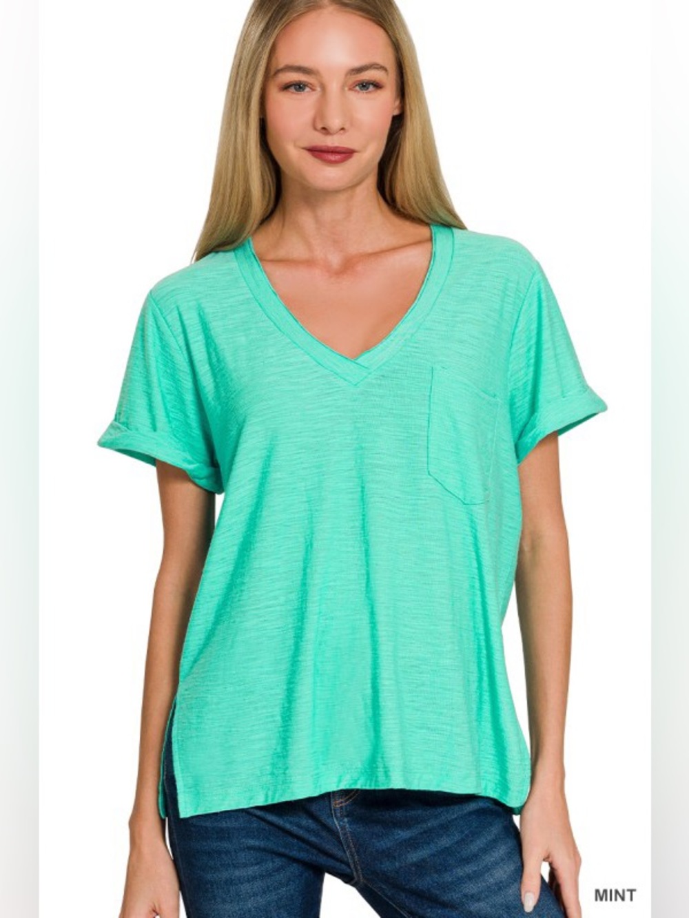 Zenana Mint Slub Rolled Short Sleeve V-neck Tee